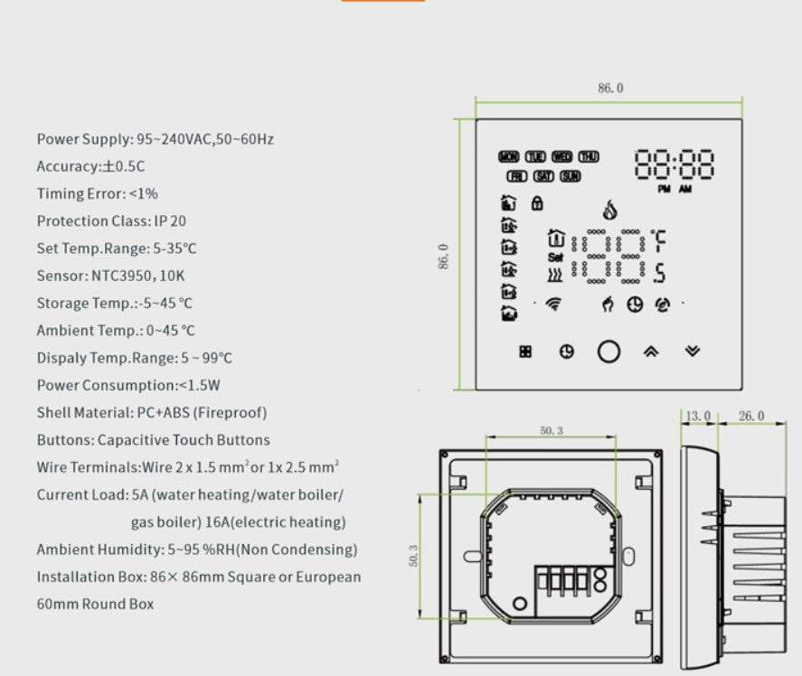 Black Glass WiFi Electric Thermostat - Touchscreen Control Compatible with Mobile App, Alexa, Google Home - Temperature Sensor for Floor Heating - Installation Kit Included