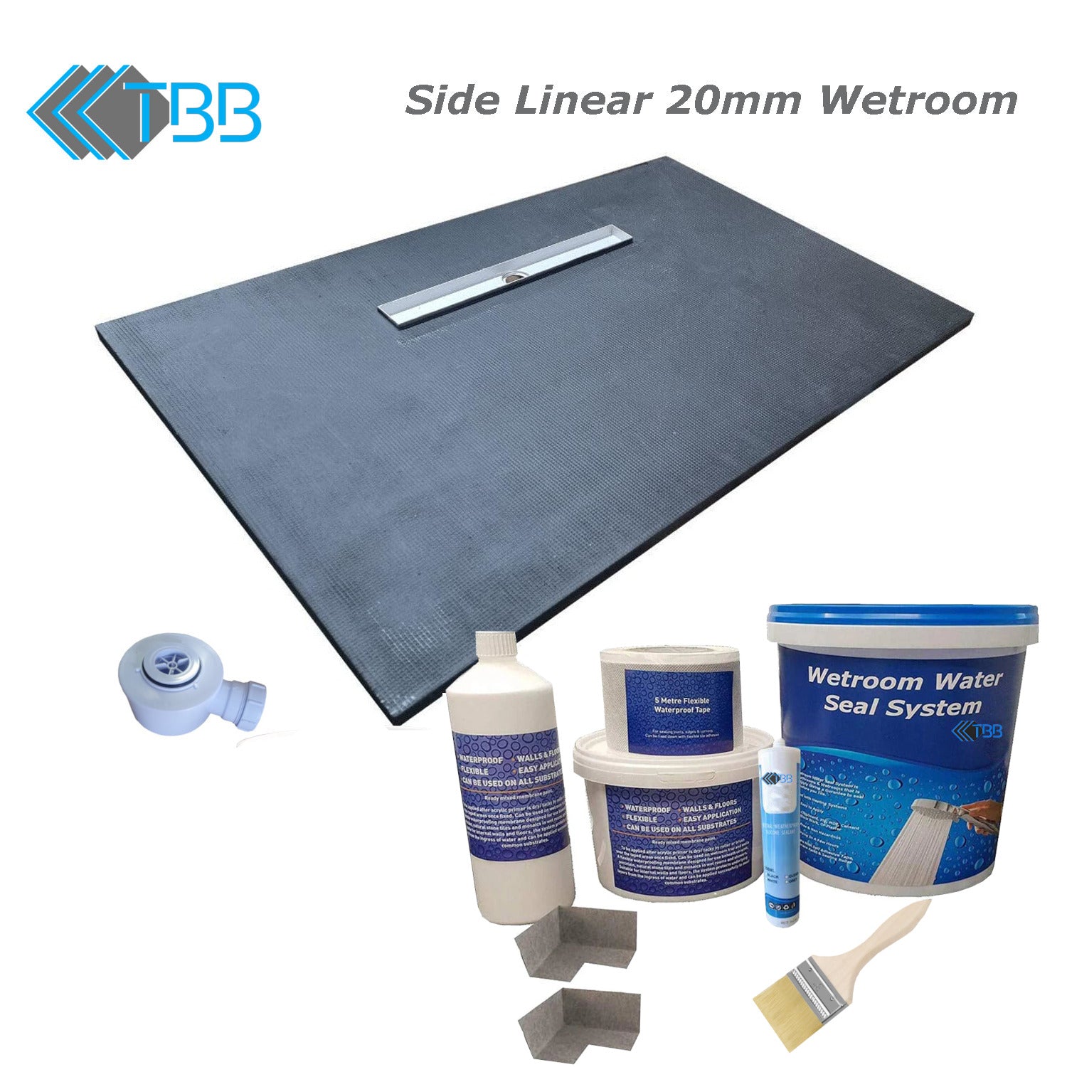 20mm Linear Wetroom Shower Tray & TBB- WSK Kit (Gulley on Long Side of Tray)