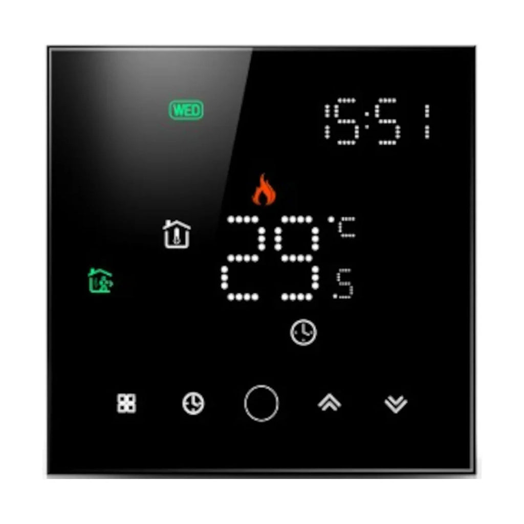 Black Glass WiFi Thermostat – Touchscreen Electric Control, Mobile App & Smart Home Compatible, Floor Sensor & Install Kit Included