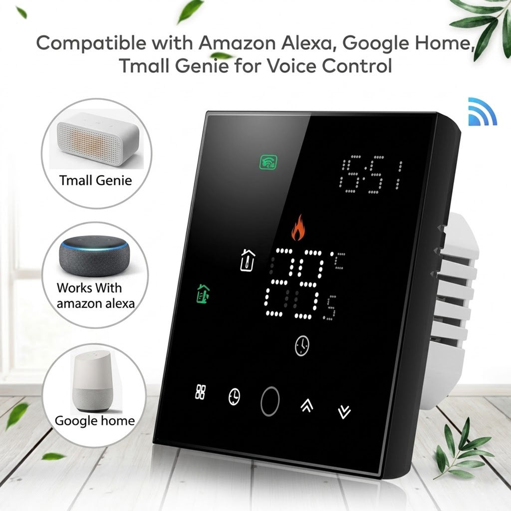 Black Glass WiFi Thermostat – Touchscreen Electric Control, Mobile App & Smart Home Compatible, Floor Sensor & Install Kit Included