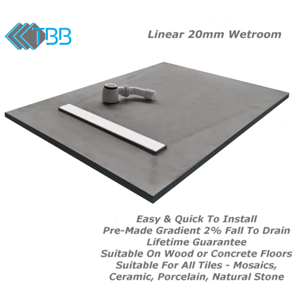 20mm Tile Backer Boards Linear Wetroom Shower Tray & Waste & Grate