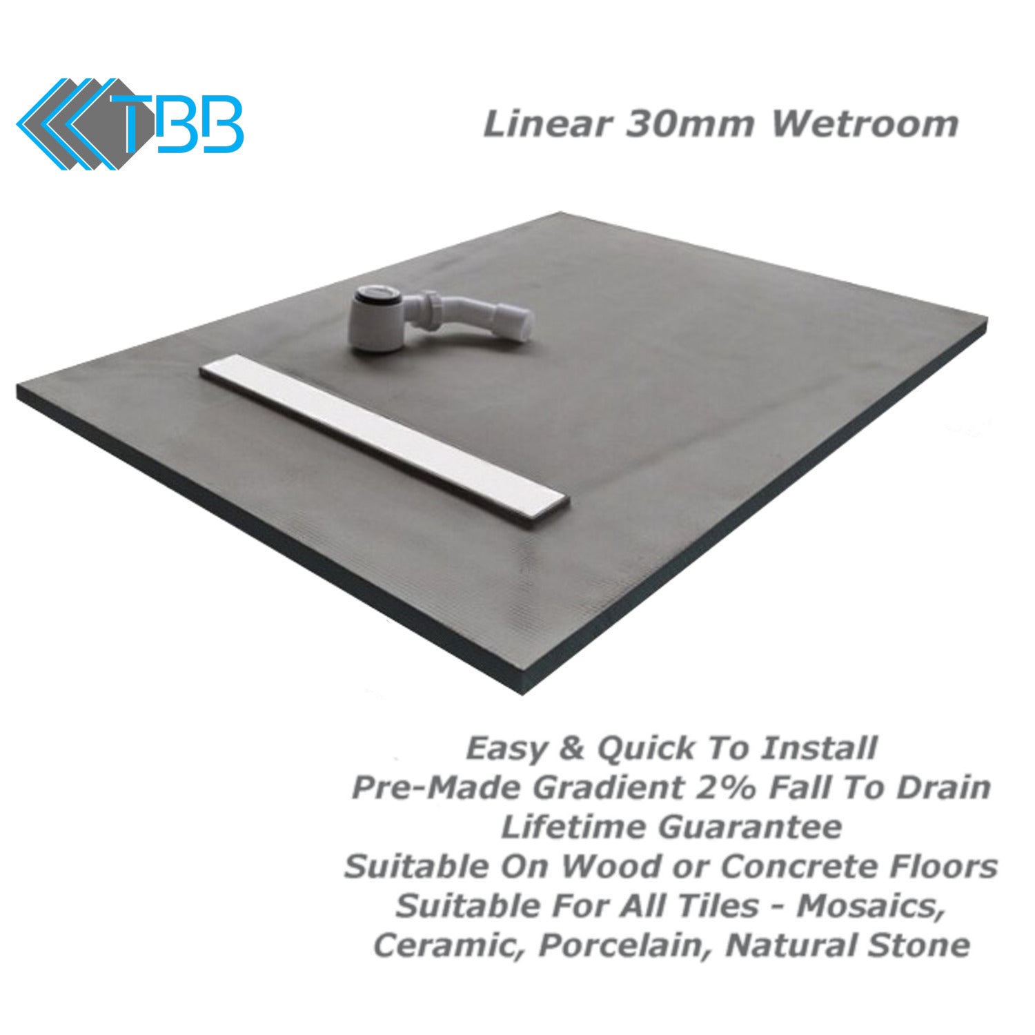 30mm Linear Wetroom Shower Tray with Grate and Drain