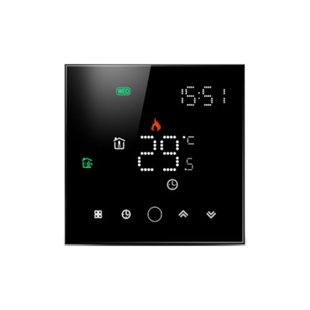 Black Glass WiFi Electric Thermostat - Touchscreen Control Compatible with Mobile App, Alexa, Google Home - Temperature Sensor for Floor Heating - Installation Kit Included