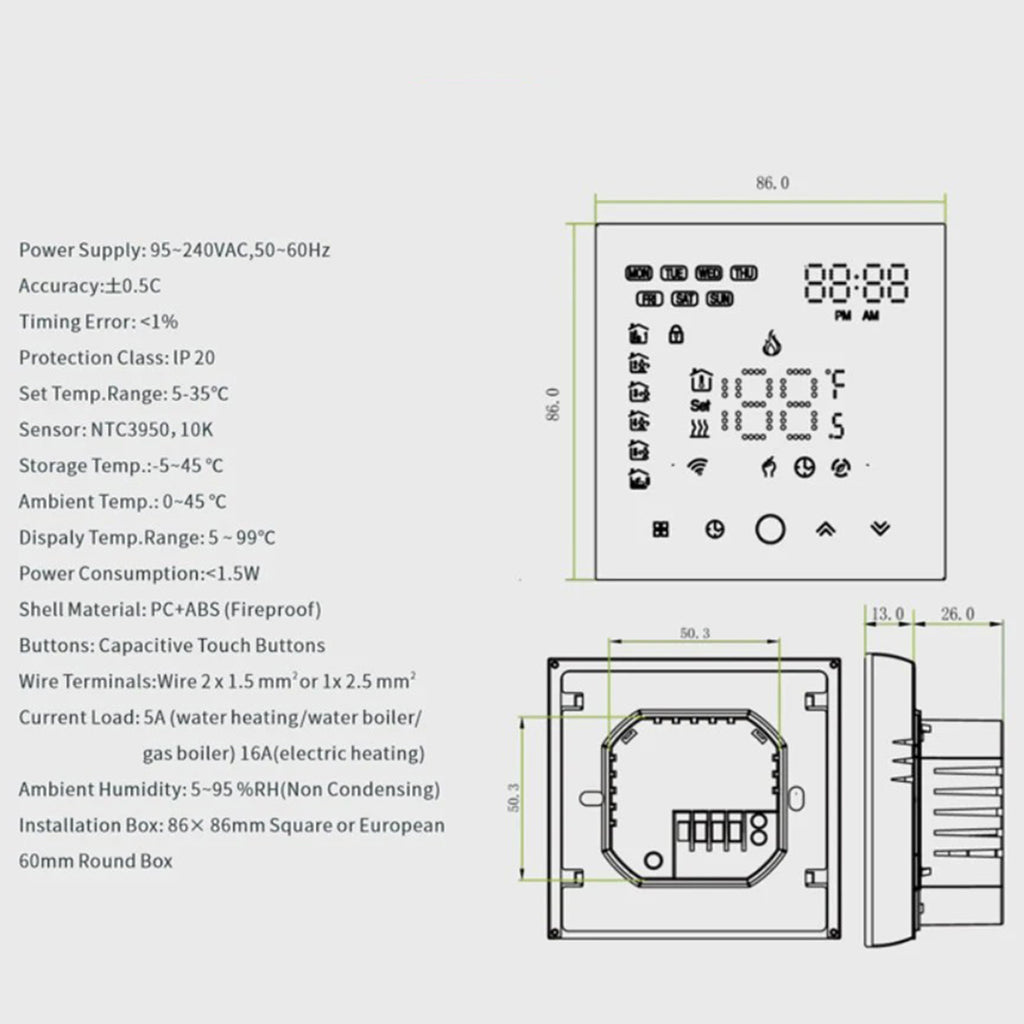 Black Glass WiFi Thermostat – Touchscreen Electric Control, Mobile App & Smart Home Compatible, Floor Sensor & Install Kit Included
