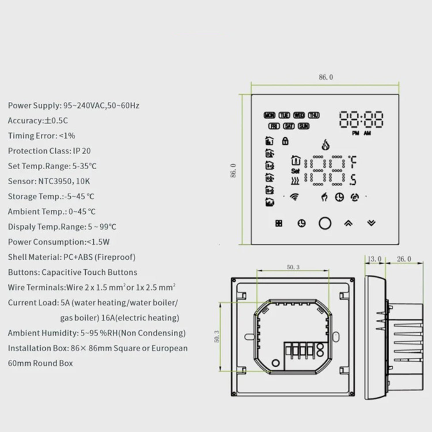Black Glass WiFi Thermostat – Touchscreen Electric Control, Mobile App & Smart Home Compatible, Floor Sensor & Install Kit Included