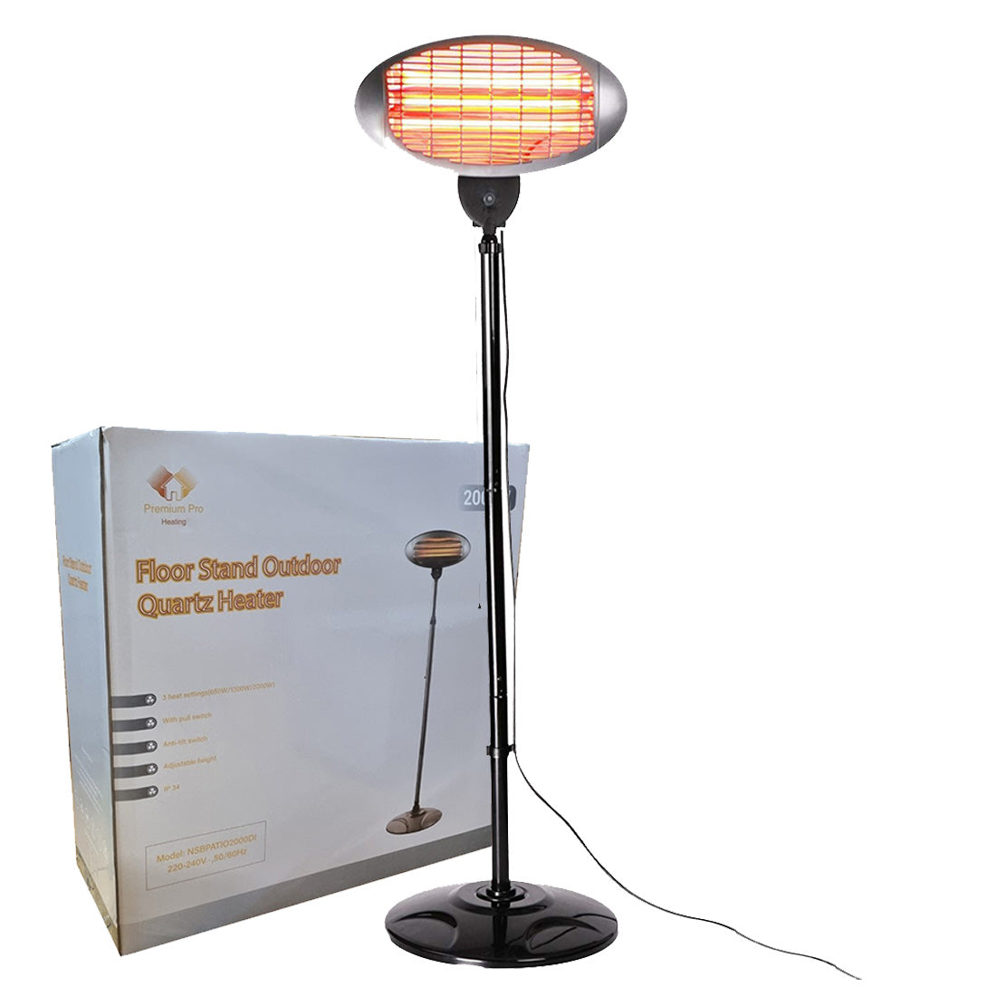 Patio Stand Heater, Portable Heaters Made from Steel, Powered by Electric Quartz Bulbs