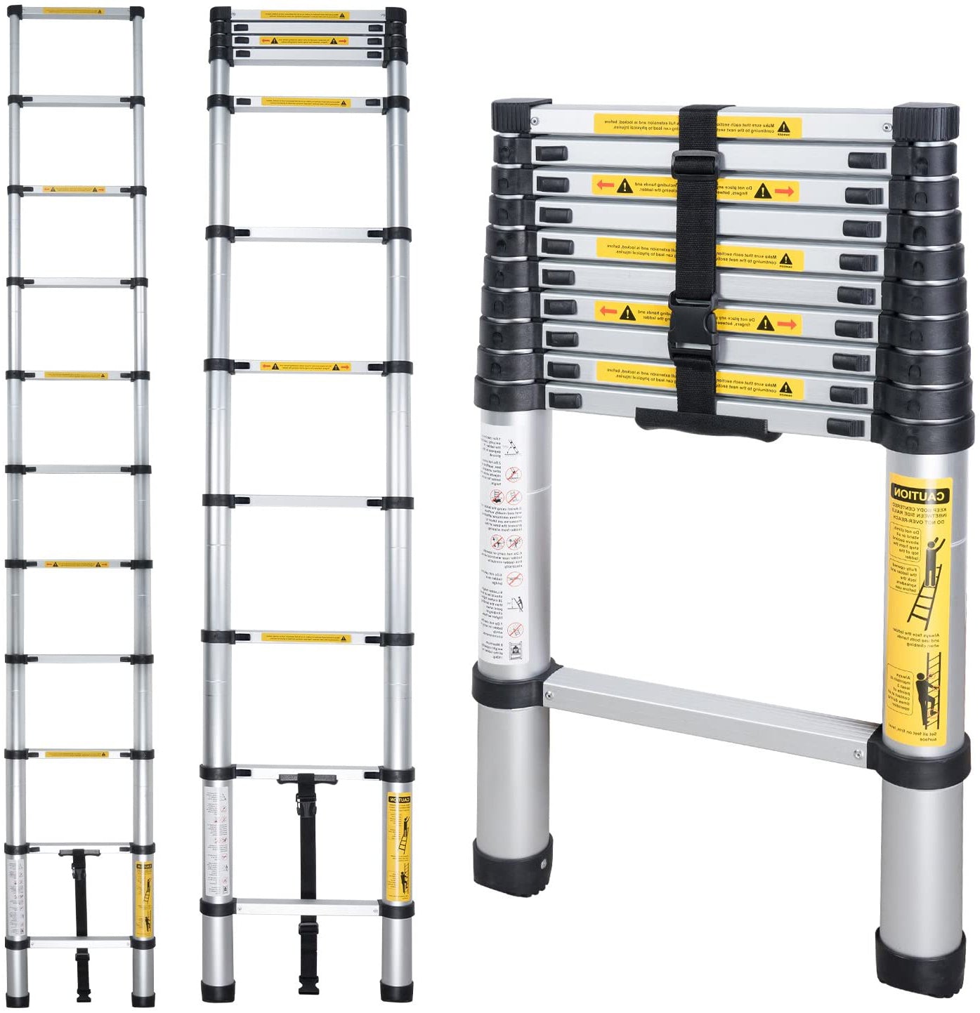 Silver Telescoping Ladder - Lightweight Aluminium Metal - Telescopic, Compact, Multi Purpose