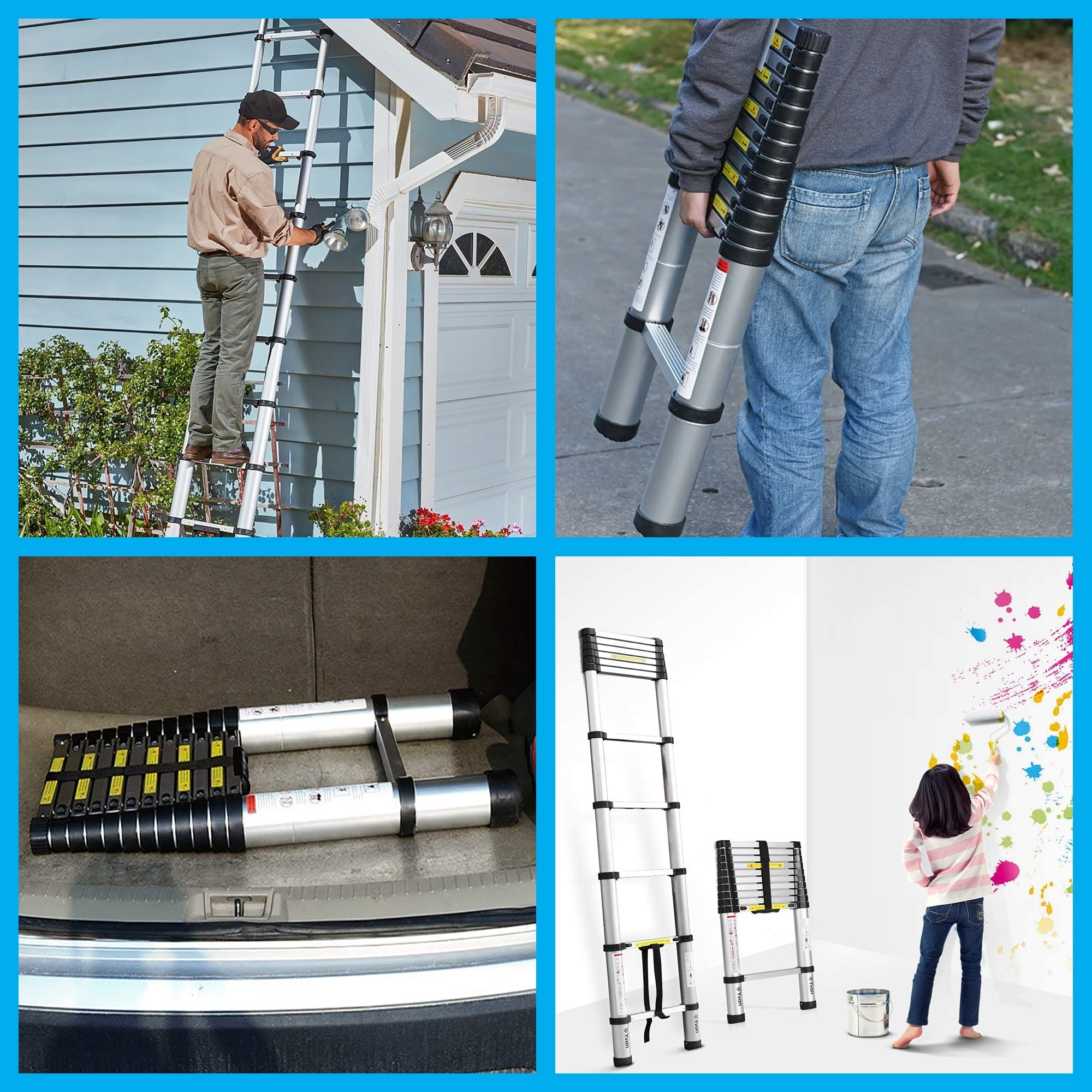 Silver Telescoping Ladder - Lightweight Aluminium Metal - Telescopic, Compact, Multi Purpose