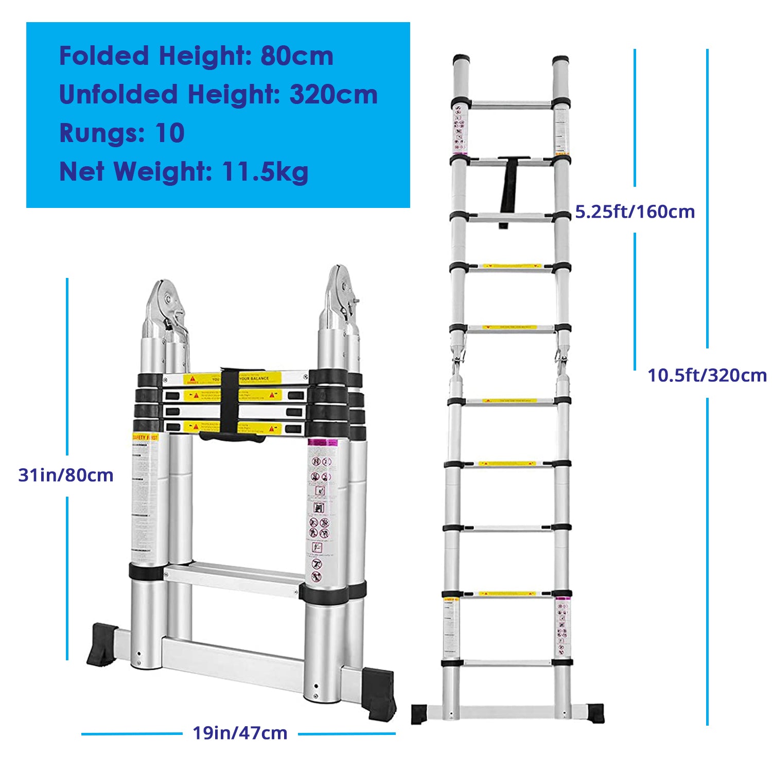 Extendable Telescopic Stepladder - Aluminium Metal Folding and Extendable Ladder